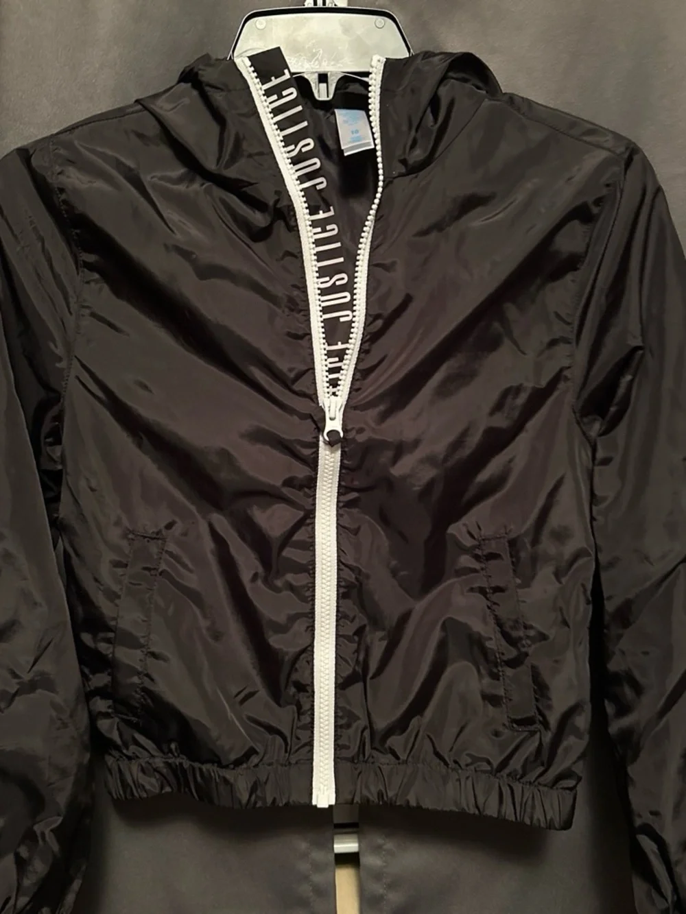 Justice Black Hooded Bomber Jacket with White Zip Trim
